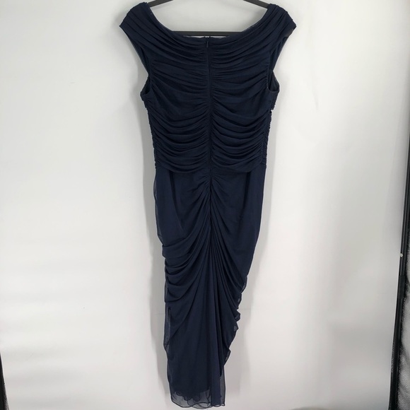 TADASHI SHOJI Blue Asymmetrical Ruched Dress M Navy Wedding Guest Dressy Medium - Picture 5 of 8